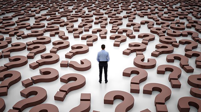 Man standing in maze of question marks thinking about decision
