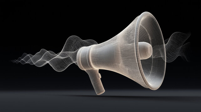 A 3D white rendered cone-shaped megaphone with abstract colorful waves, symbolizing communication, announcements, marketing, and spreading messages in a modern digital style on dark background 