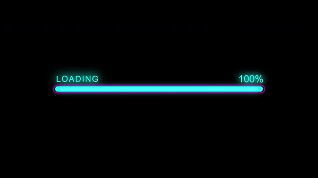 Neon cyberpunk loading bar, neon loading bar animation on Black Background, Futuristic uploading progress bar, 4k video.
