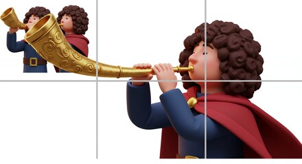 Stylized figure blowing a golden horn against a white background