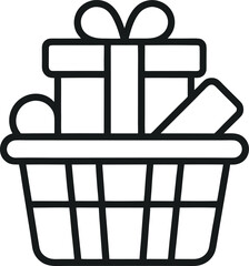 "Gift Basket Icon &ndash; Outline Hamper with Present Box, Bow, and Goodies"