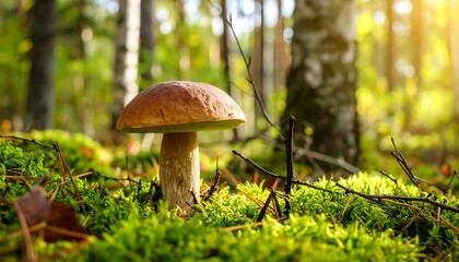 Forest mushroom in sunlight
