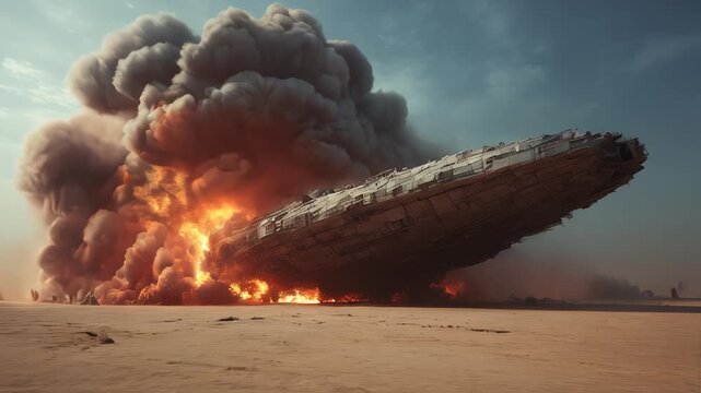 Spaceship crashes and explodes in desert environment, creating massive smoke and fire clouds