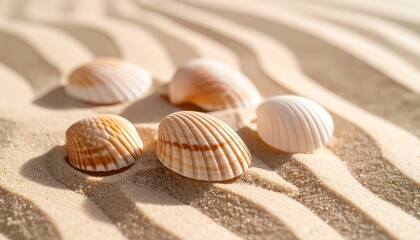 Five seashells arranged on rippled sand, bathed in warm sunlight, creating a serene beach scene.