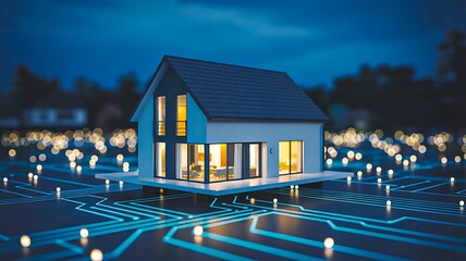 Title: Smart home with connected digital network glowing at night
