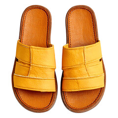 A pair of rustic brown leather slip on sandals with woven straps isolated on a white or transparent background