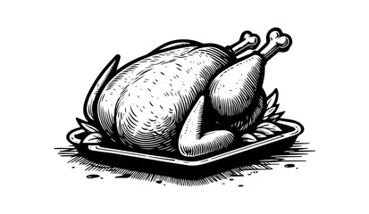 Roast chicken on a baking tray, black and white illustration