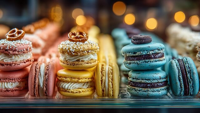 Delicious Stacked Macarons Topped with Pretzels and Oreos, highlighting their unique and detailed designs. . It's ideal for a brand that wants to convey creativity and quality in its baked goods.