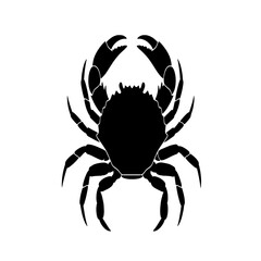 Black silhouette of a crab with large claws and multiple legs on a white background.