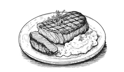 Steak and mashed potatoes, black and white illustration