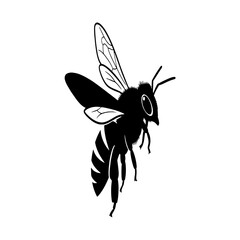 A black and white illustration of a bee in mid-flight, wings spread wide.