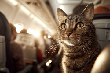 Tabby cat traveling inside airplane cabin