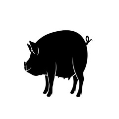 Simple black silhouette of a pig, profile view, detailed features.