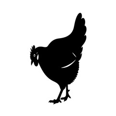 A black silhouette of a chicken, head lowered, standing on a white background.