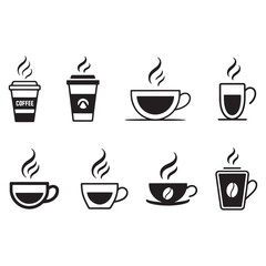A collection of black coffee cup and mug icons in various styles, including takeaway cups, for cafe and restaurant menus, vector illustration