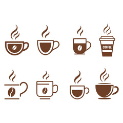 A stylish set of brown coffee cup icons with steam, representing different coffee drinks for a cafe's branding, vector illustration