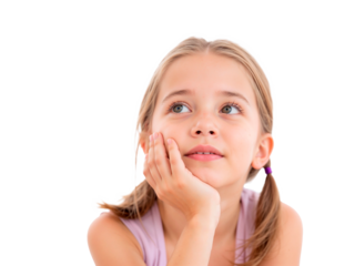 Young girl ponders with a thoughtful expression, wearing a lilac top and displaying curiosity indoors