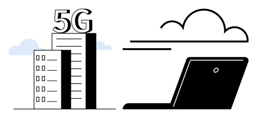 5G-enabled tower connecting to cloud services, represented with stylized icons. Ideal for network infrastructure, technology advancement, connectivity, remote work, data storage, digital