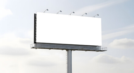 Large blank billboard with an empty white screen for your advertisement, set against a pale blue sky with clouds. Outdoor advertising concept