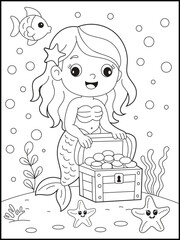 Mermaid opening a treasure coloring page for kids and adults.