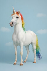 White Unicorn with Rainbow Mane and Tail on Blue Background