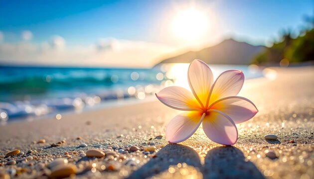 Serene sunset beach scene with delicate flower