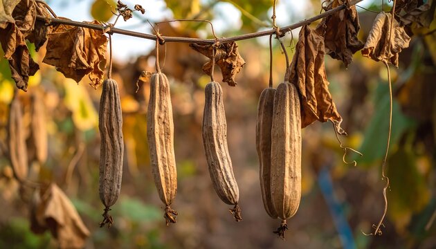 Dried gourds hanging on vines