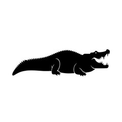 Silhouette of a large crocodile with open jaws, isolated on white background.