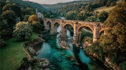 Fototapeta premium Aerial View of Chenaud Bridge, France: Summer Green Mountains, Blue Sky & Carved Stone Arches, Drone Shot Breathtaking Landscape for Travel & Wallpaper