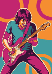 Obraz premium A vibrant pop art illustration captures the raw energy of a rock guitarist shredding a passionate solo against a psychedelic 70s-style backdrop.