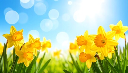 Spring daffodils bloom in a field against a bright, sunny sky