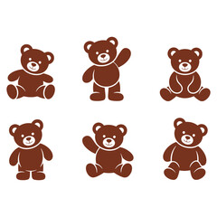 A cute collection of six brown teddy bear cartoon characters in different adorable poses like sitting and waving, vector illustration
