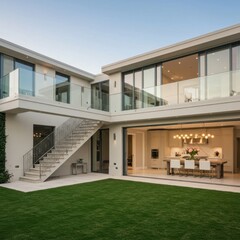 Fototapeta premium Modern Two Story House with Open Floor Plan and Glass Walls