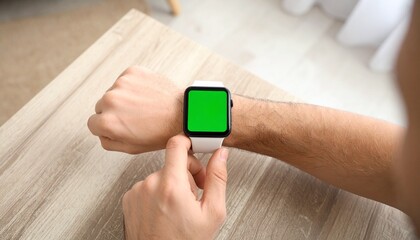 Close-up of a person's hand interacting with a smartwatch featuring a green screen for custom content.