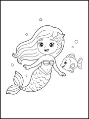 Beautiful Cute Mermaid with Long Hair and Friendly Fish – Underwater Ocean Coloring Page for Kids, Preschool and Kindergarten – Fun Black and White Cartoon Line Art Illustration