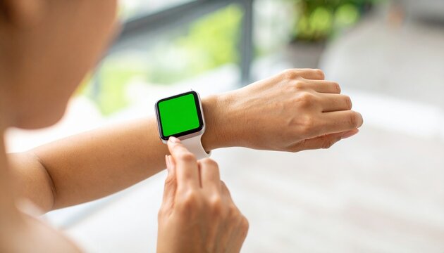A person wearing a smartwatch with a green screen, interacting with the device on their wrist.