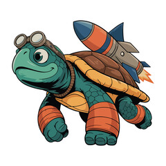 Obraz premium A determined cartoon turtle with a rocket jetpack and aviator goggles, symbolizing speed and innovation, vector illustration