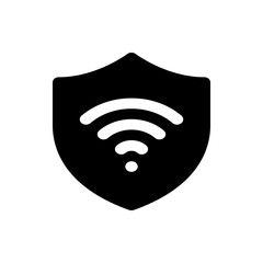 Black shield containing a white wifi symbol indicating secure wireless network connectivity and protection