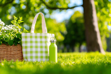 A clean and ecofriendly flatlay of a reusable bottle and a canvas tote bag set up on a grassy surface representing sustainability and outdoor lifestyle
