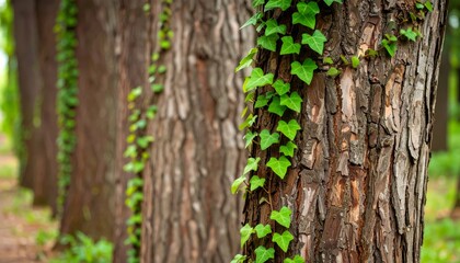 Pine trees with ivy and moss-covered trunks in a lush green forest environment