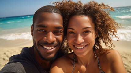 Joyful Beach Selfie of a Happy African American Couple Sunny Vacation Vibes
