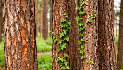 Fototapeta premium Pine trees with ivy and moss-covered trunks in a lush green forest environment