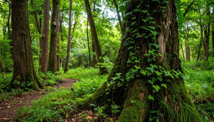 Obraz premium A beautiful, lush green forest in the morning light