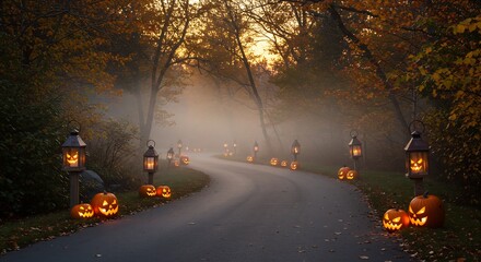 A winding road lined with lit jackolanterns and lanterns Fog obscures the background autumn trees flank the road