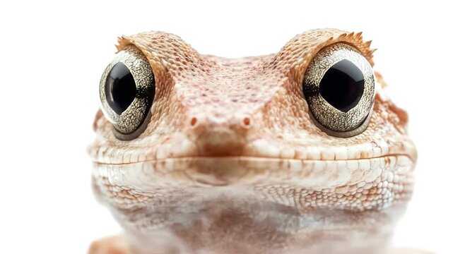 A closeup of a beige lizards head featuring large prominent eyes and textured skin against a plain background