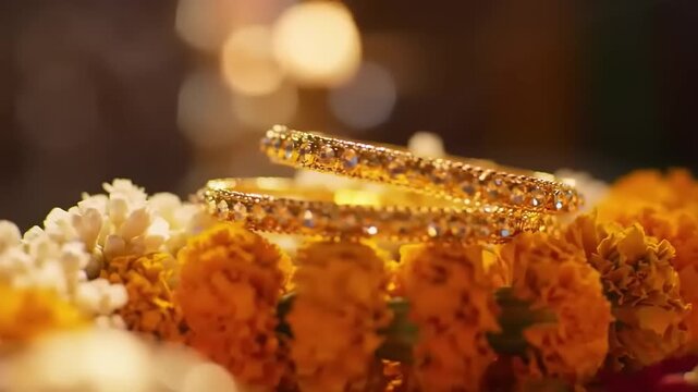 Golden bangles with floral decoration.