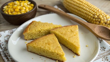 Delicious golden cornbread slices served on a white plate with corn kernels and a wooden spoon isolated on white background
