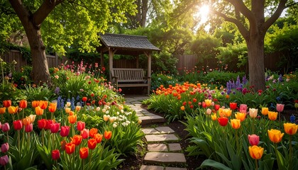 Obraz premium Spring garden with colorful tulips, a wooden pergola and pathway