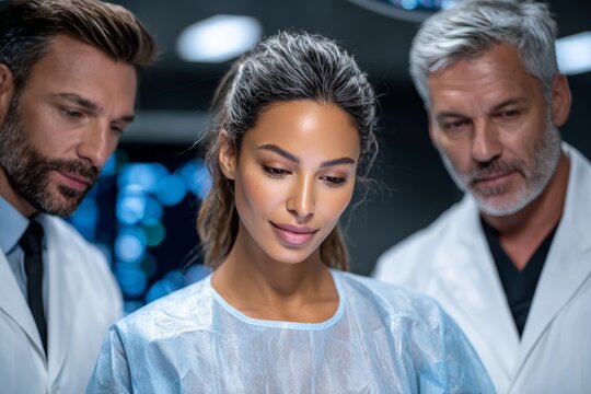 A close-up of a diverse and focused medical team, including a female doctor and two male colleagues, reviewing information in a hospital setting with a blurred blue background.
