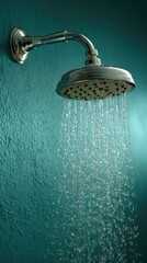 Chrome shower head spraying water on teal wall